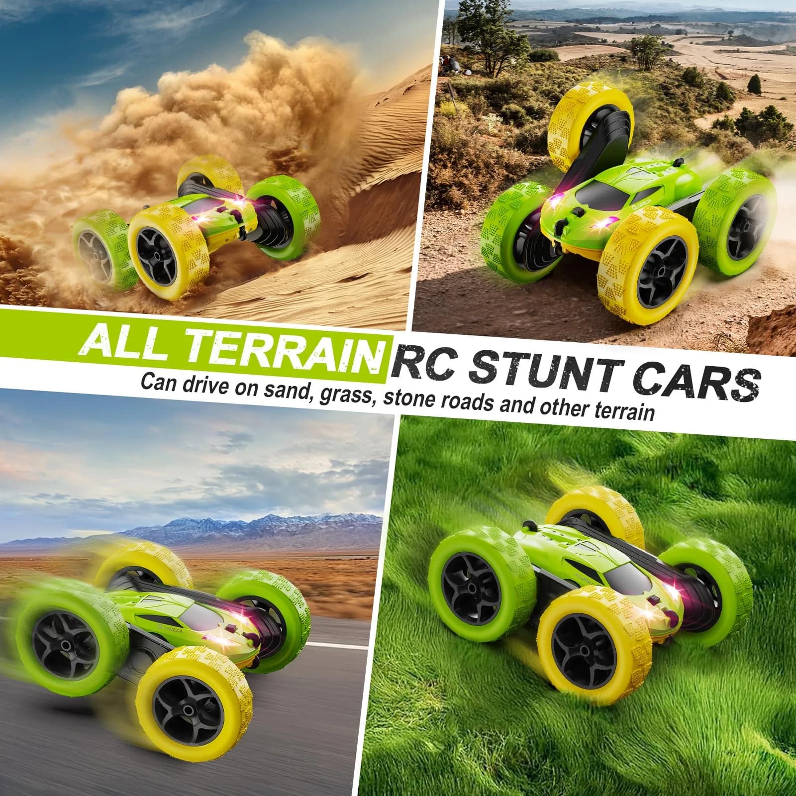 QUNREDA Remote Control Stunt Car with 2 Rechargeable Batteries, 4WD 360° Flip, Off-Road RC Crawler for Kids 6-12 Years, Yellow&Green thumbnail 5