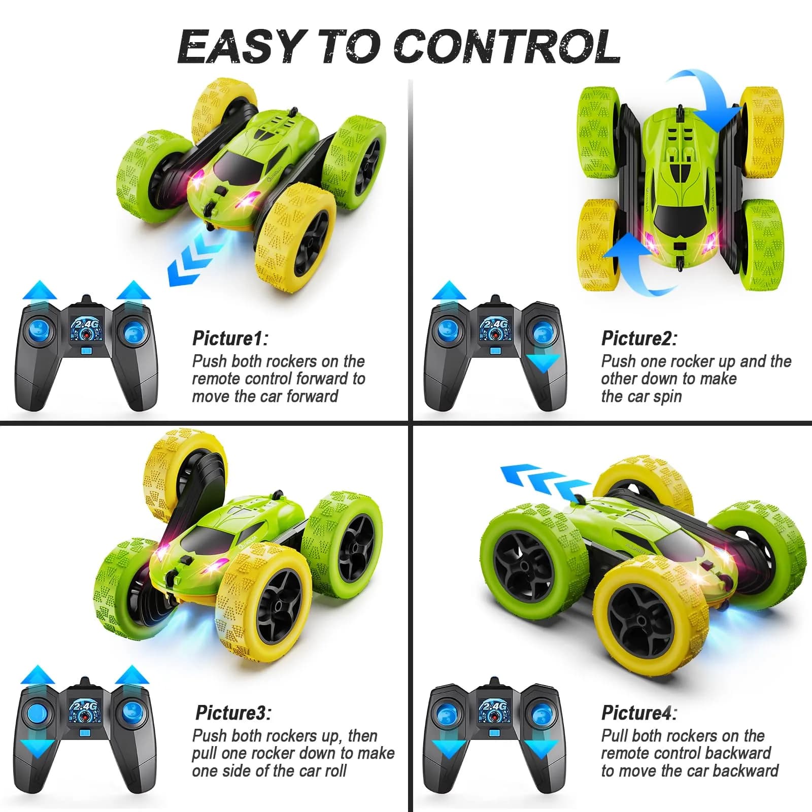 QUNREDA Remote Control Stunt Car with 2 Rechargeable Batteries, 4WD 360° Flip, Off-Road RC Crawler for Kids 6-12 Years, Yellow&Green thumbnail 6