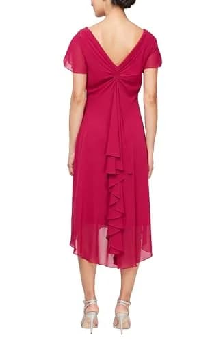 S.L. Fashions Women's Midi Cowl Neck Dress with Flutter Sleeve and Embellishment at Shoulder, Raspberry, 14 | Elegant Evening & Special Occasion Wear thumbnail 2