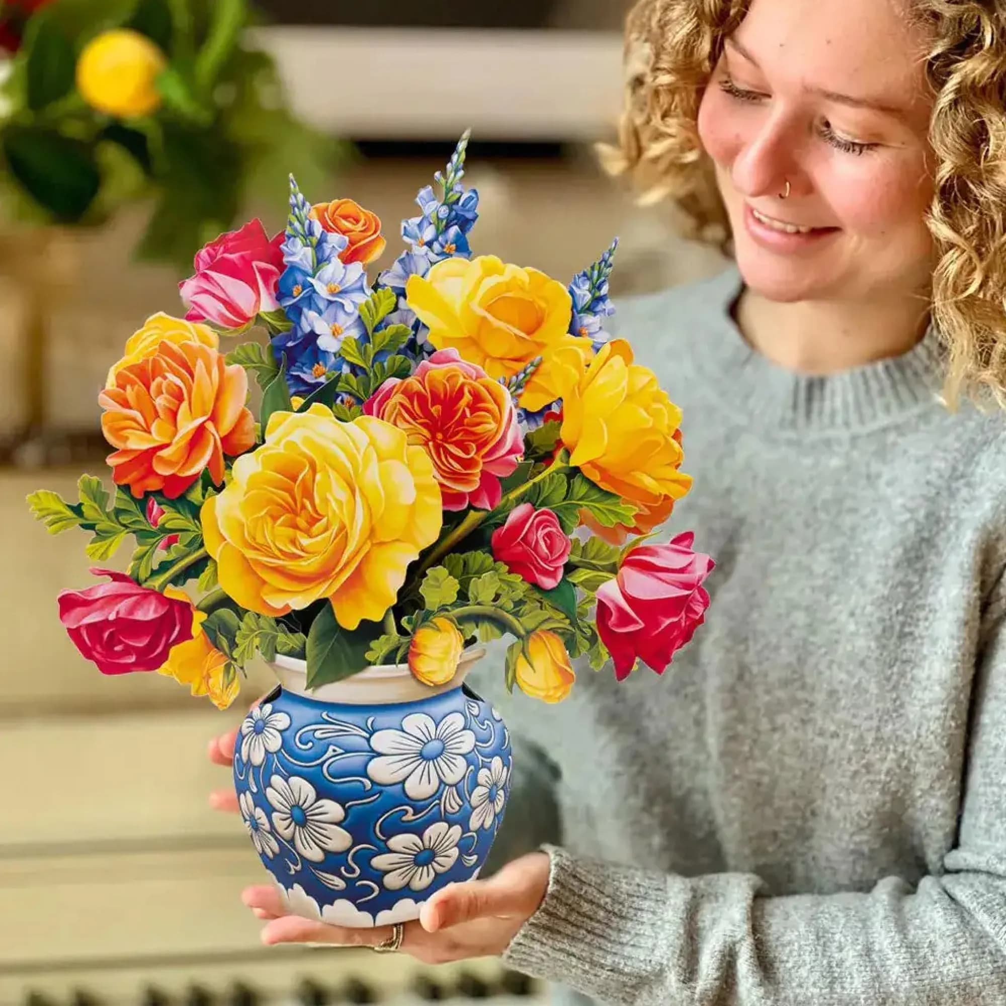 Freshcut Paper Sorbet Roses 3D Pop Up Card | Life-Sized Floral Art Centerpiece (13" x 12") - view 6