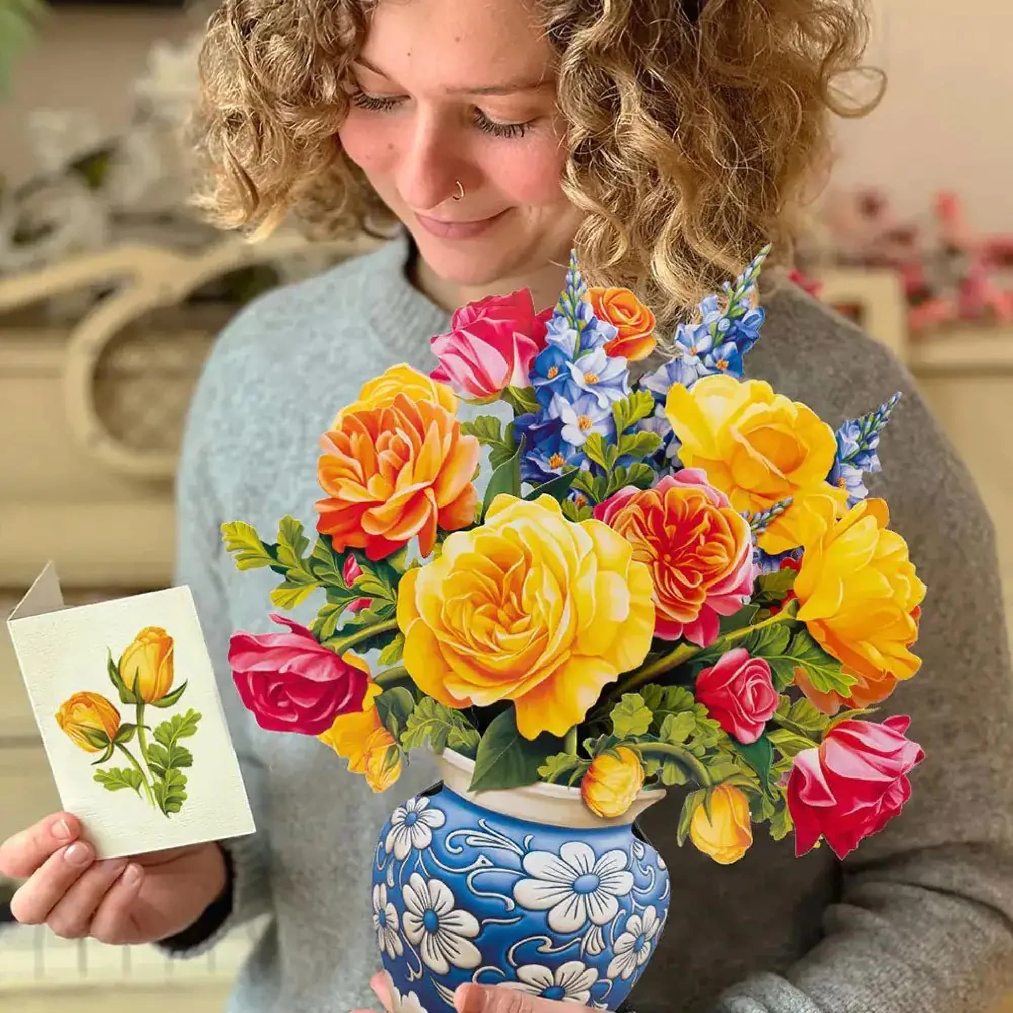Freshcut Paper Dahlia Sunrise Sorbet Roses / Classic 3D Pop Up Greeting Card (14.5" x 17") | USA Import, Lasts Forever - view 2