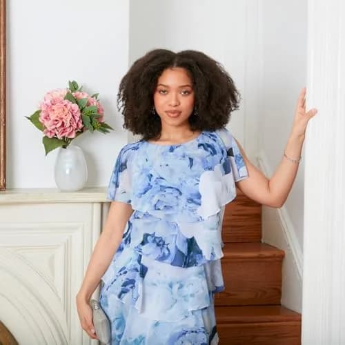 S.L. Fashions Women's Short Sleeve Floral Tiered Chiffon Cocktail Dress, Blue Multi, 14 | Elegant Summer Wedding Guest Attire thumbnail 3