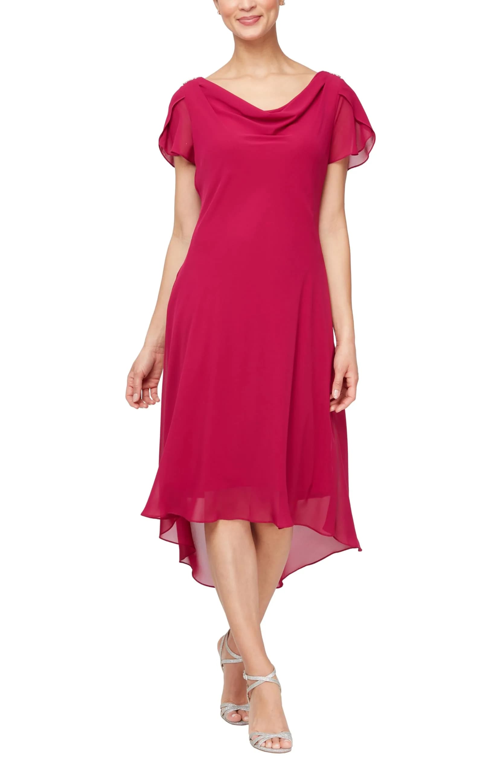 S.L. Fashions Women's Midi Cowl Neck Dress with Flutter Sleeve and Embellishment at Shoulder, Raspberry, 14 | Elegant Evening & Special Occasion Wear — Raspberry