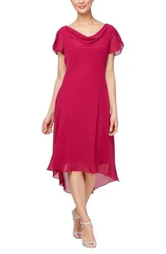 S.L. Fashions Women's Midi Cowl Neck Dress with Flutter Sleeve and Embellishment at Shoulder, Raspberry, 8 | Elegant, Lightweight Chiffon thumbnail 1