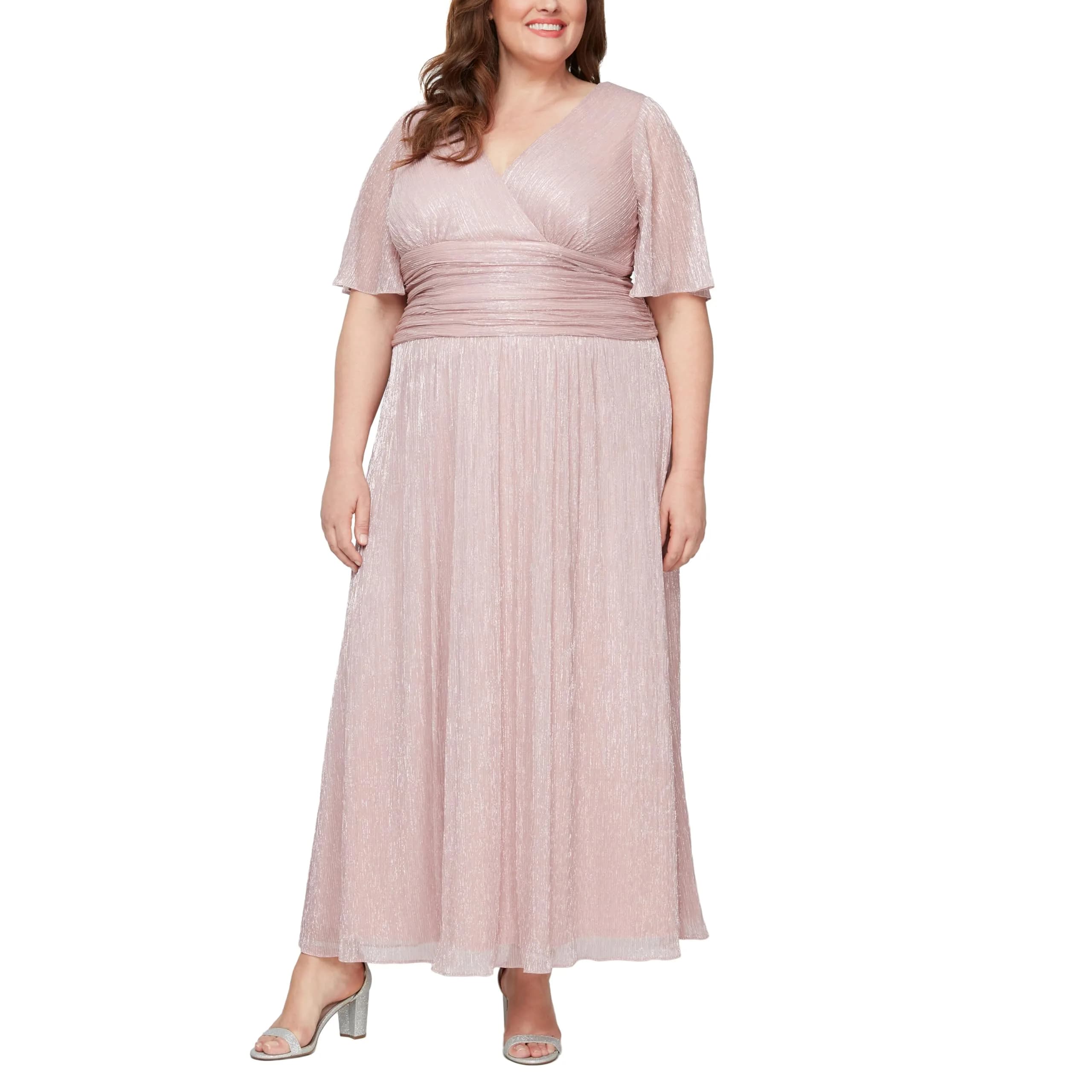 S.L. Fashions Women's Plus Size Long Mother of the Bride Dress with Ruched Waist, Faded Rose, 16W | Elegant Evening Gown with Flutter Sleeves