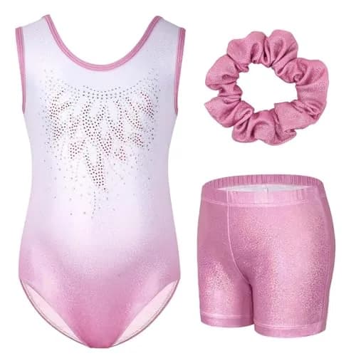 Gogokids Girls Sleeveless Sparkly Gymnastics Leotard Set with Shorts & Hairband, 9-10 Years (Pink Gradient) thumbnail 1