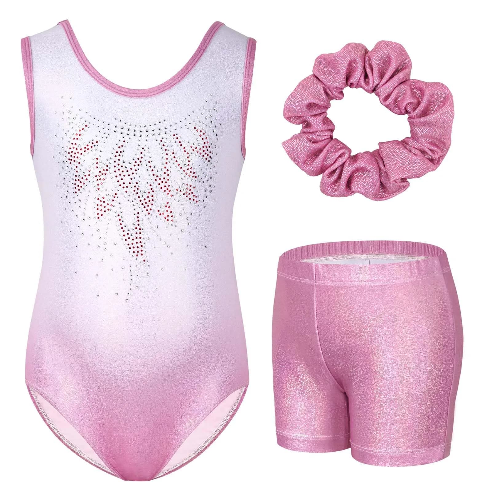 Gogokids Girls Sleeveless Sparkly Gymnastics Leotard Set with Shorts & Hairband, Pink Gradient (5-6 Years) — Pink Gradient
