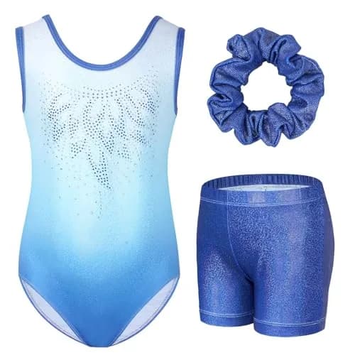 Gogokids Girls Sleeveless Sparkly Gymnastics Leotard Set with Shorts & Hairband (Blue Gradient, 8-9 Years) thumbnail 1