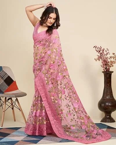 VAIRAGEE Pale Pink Georgette Floral Embroidered Saree with Unstitched Blouse | 5.5m Saree, 80cm Blouse thumbnail 4