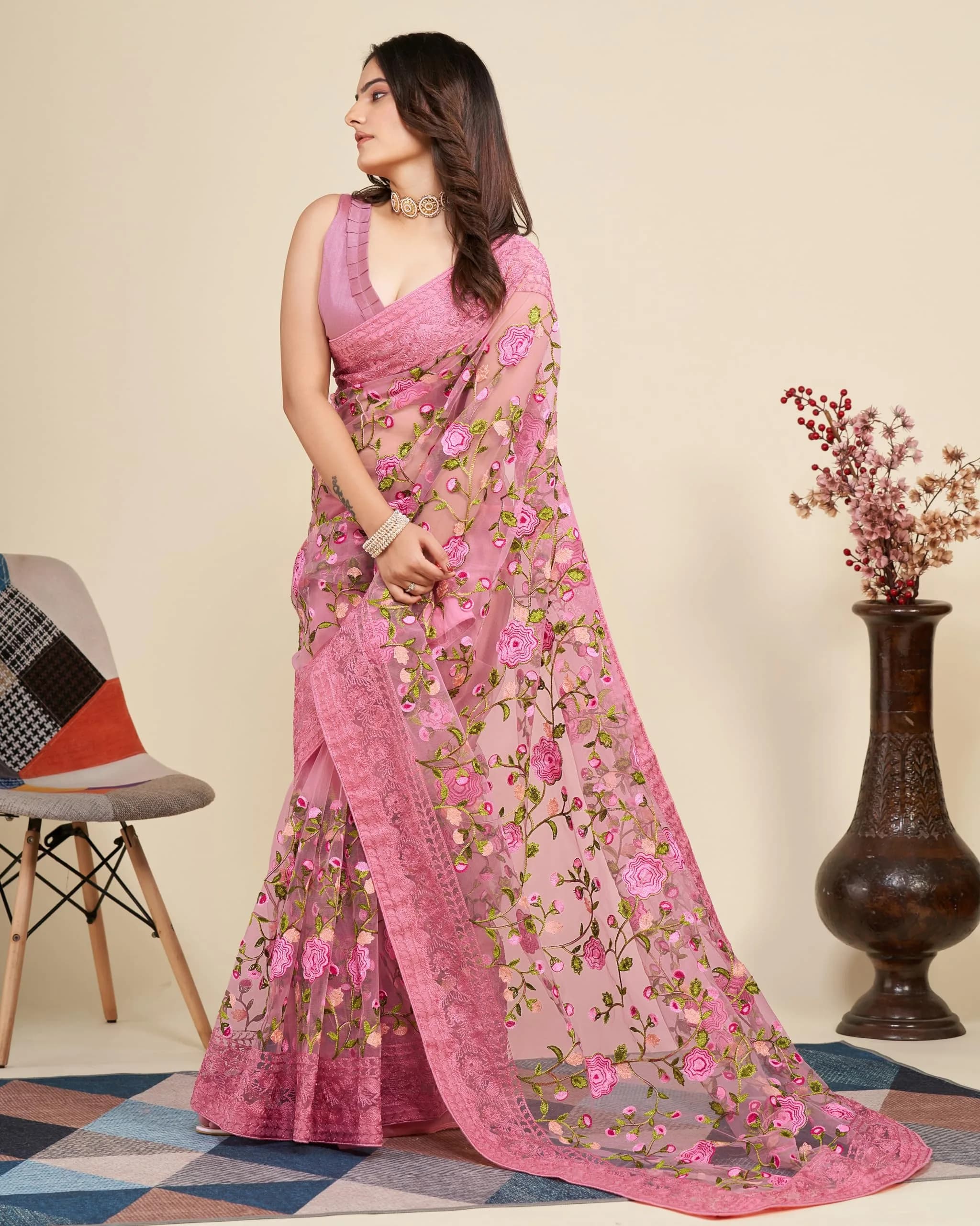 VAIRAGEE Pale Pink Georgette Floral Embroidered Saree with Unstitched Blouse | 5.5m Saree, 80cm Blouse - view 5