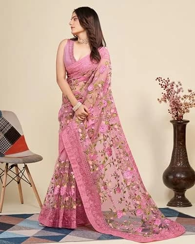 VAIRAGEE Pale Pink Georgette Floral Embroidered Saree with Unstitched Blouse | 5.5m Saree, 80cm Blouse thumbnail 5