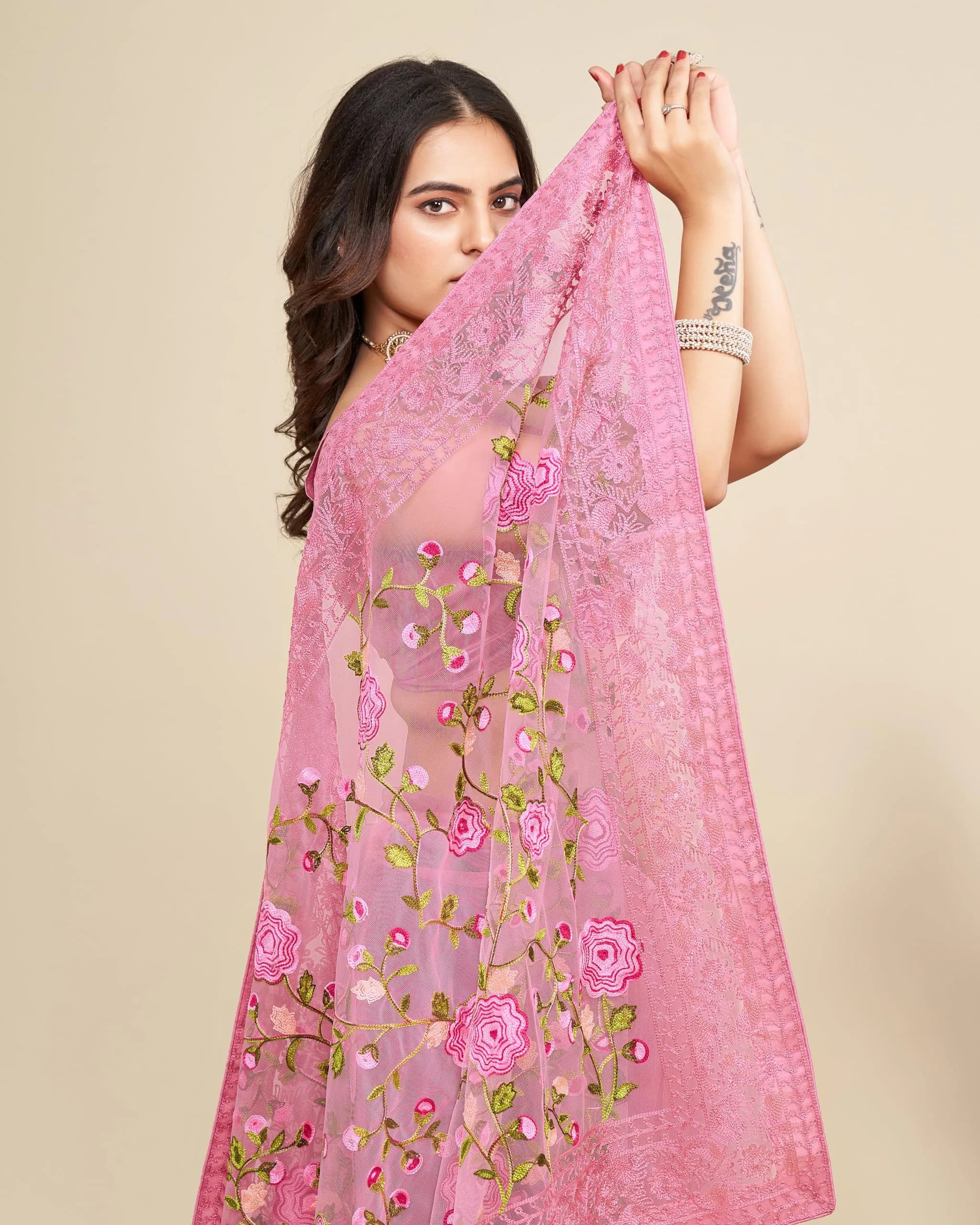 VAIRAGEE Pale Pink Georgette Floral Embroidered Saree with Unstitched Blouse | 5.5m Saree, 80cm Blouse - view 6