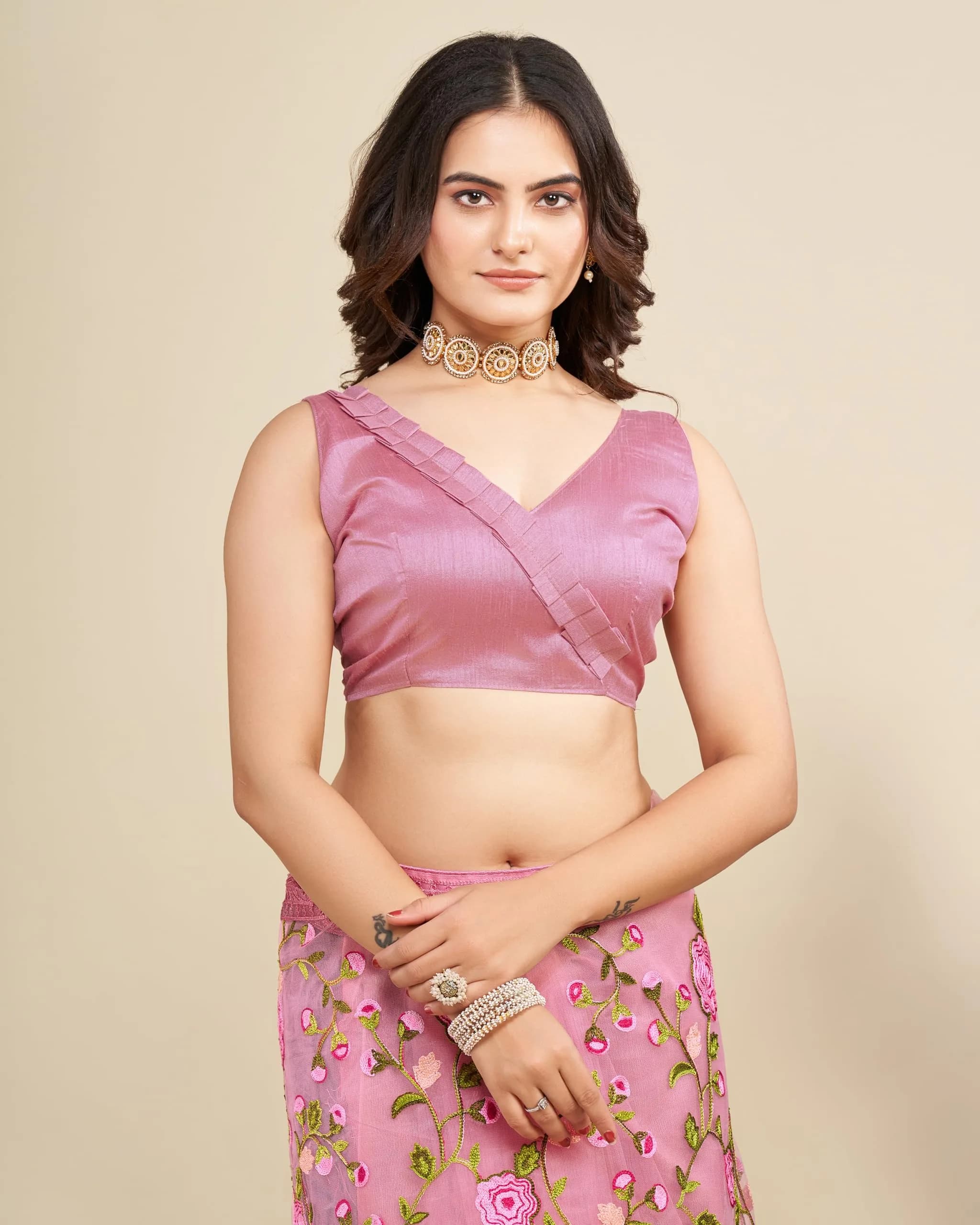 VAIRAGEE Pale Pink Georgette Floral Embroidered Saree with Unstitched Blouse | 5.5m Saree, 80cm Blouse - view 7