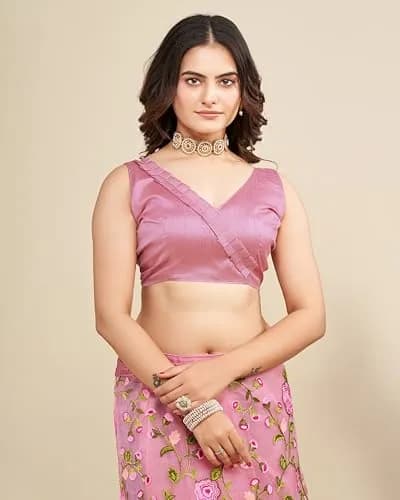 VAIRAGEE Pale Pink Georgette Floral Embroidered Saree with Unstitched Blouse | 5.5m Saree, 80cm Blouse thumbnail 7