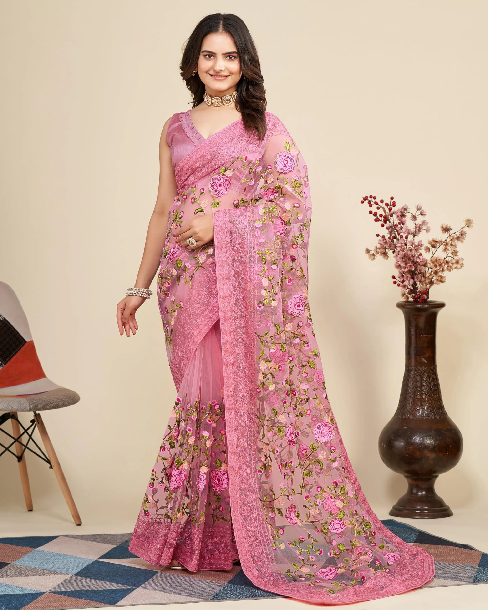 VAIRAGEE Pale Pink Georgette Floral Embroidered Saree with Unstitched Blouse | 5.5m Saree, 80cm Blouse - view 2