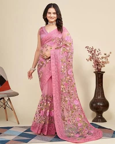 VAIRAGEE Pale Pink Georgette Floral Embroidered Saree with Unstitched Blouse | 5.5m Saree, 80cm Blouse thumbnail 2