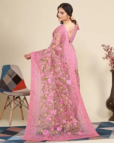 VAIRAGEE Pale Pink Georgette Floral Embroidered Saree with Unstitched Blouse | 5.5m Saree, 80cm Blouse thumbnail 3