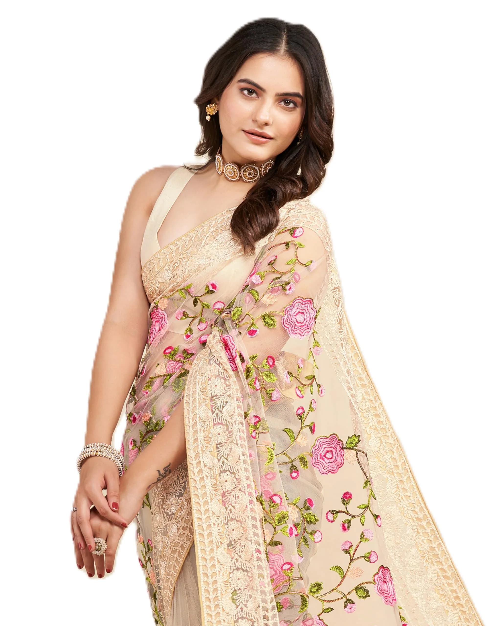 VAIRAGEE Women's Georgette Floral Embroidery Saree with Unstitched Blouse | Biege, 5.5m (18 ft)