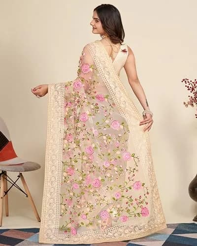 VAIRAGEE Women's Georgette Floral Embroidery Saree with Unstitched Blouse | Biege, 5.5m (18 ft) thumbnail 4