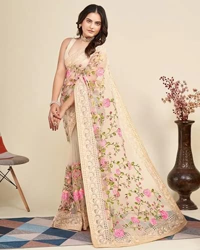 VAIRAGEE Women's Georgette Floral Embroidery Saree with Unstitched Blouse | Biege, 5.5m (18 ft) thumbnail 5