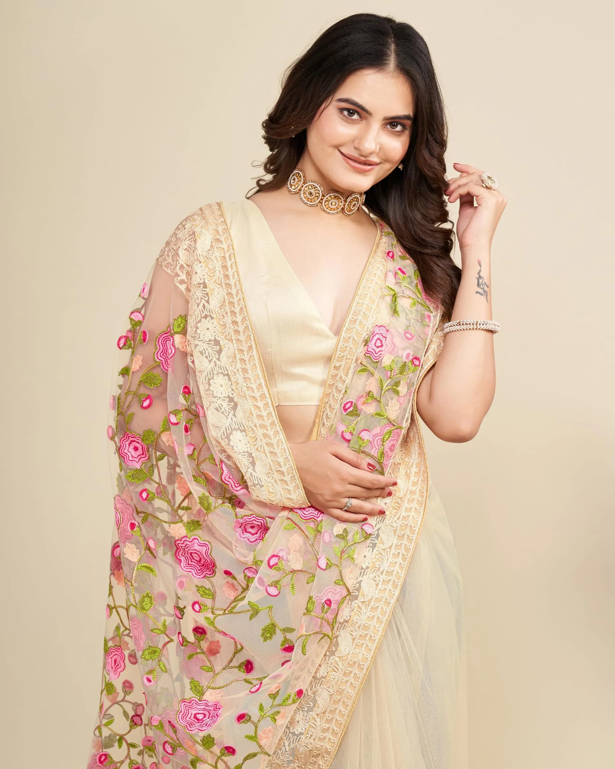 VAIRAGEE Women's Georgette Floral Embroidery Saree with Unstitched Blouse | Biege, 5.5m (18 ft) - view 6