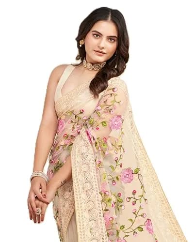 VAIRAGEE Women's Georgette Floral Embroidery Saree with Unstitched Blouse | Biege, 5.5m (18 ft) thumbnail 1