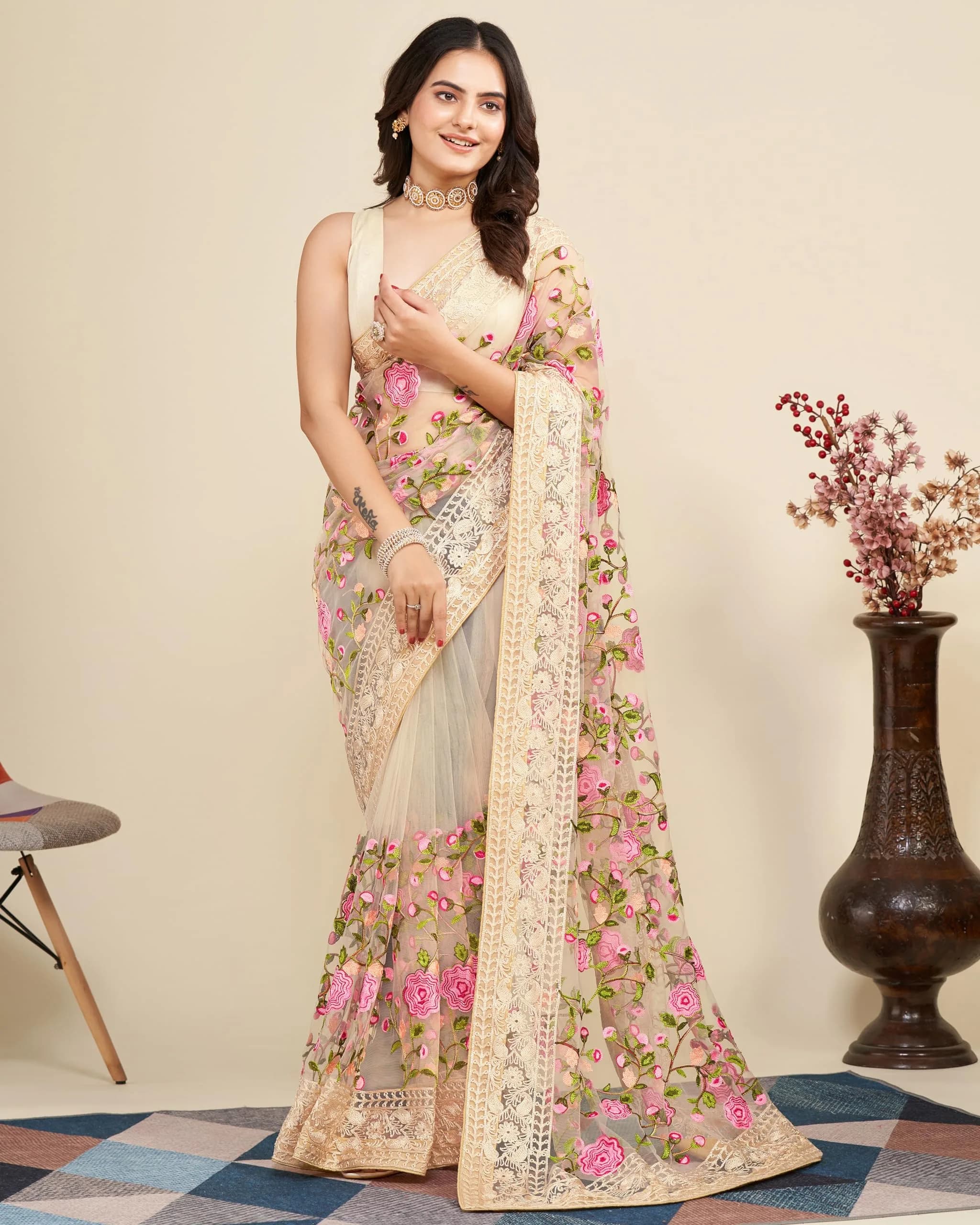 VAIRAGEE Women's Georgette Floral Embroidery Saree with Unstitched Blouse | Biege, 5.5m (18 ft) - view 2