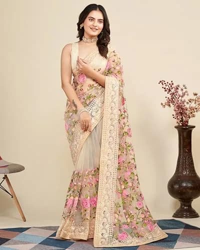 VAIRAGEE Women's Georgette Floral Embroidery Saree with Unstitched Blouse | Biege, 5.5m (18 ft) thumbnail 2