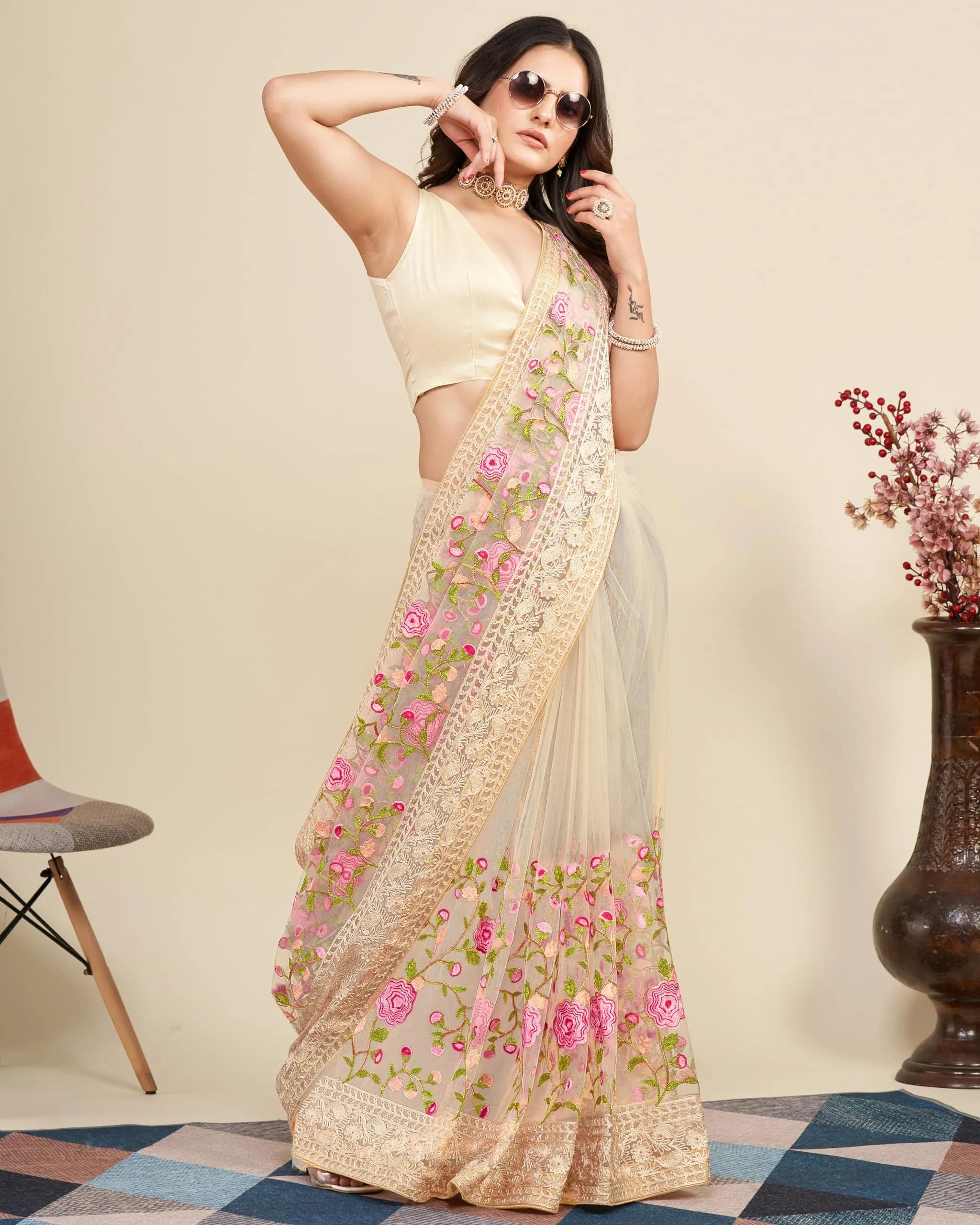 VAIRAGEE Women's Georgette Floral Embroidery Saree with Unstitched Blouse | Biege, 5.5m (18 ft) - view 3