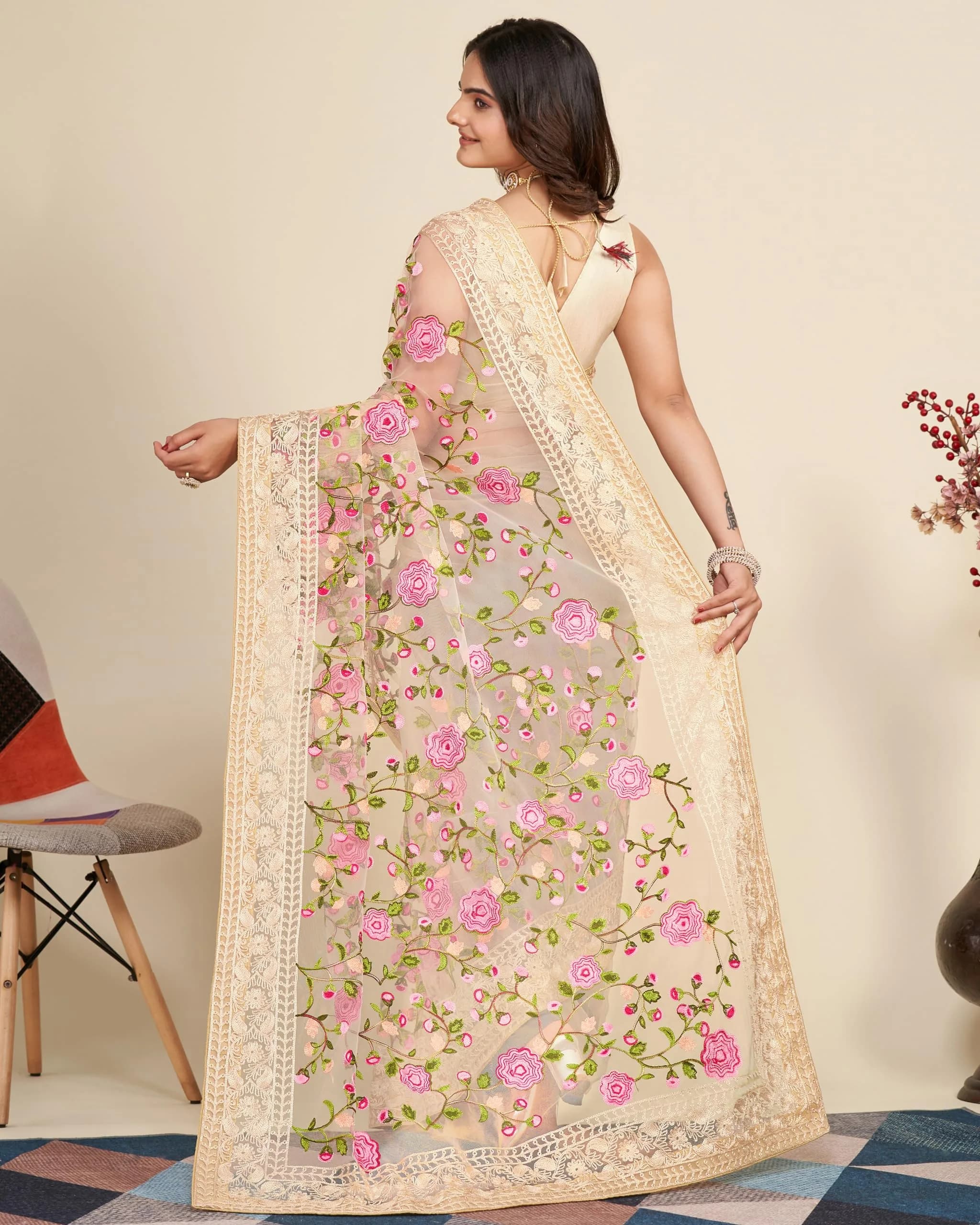 VAIRAGEE Women's Georgette Floral Embroidery Saree with Unstitched Blouse | Biege, 5.5m (18 ft) - view 4