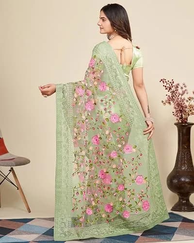 VAIRAGEE Women's Georgette Floral Saree with Unstitched Blouse - Olive Green, 5.5m | Elegant Party Wear thumbnail 4