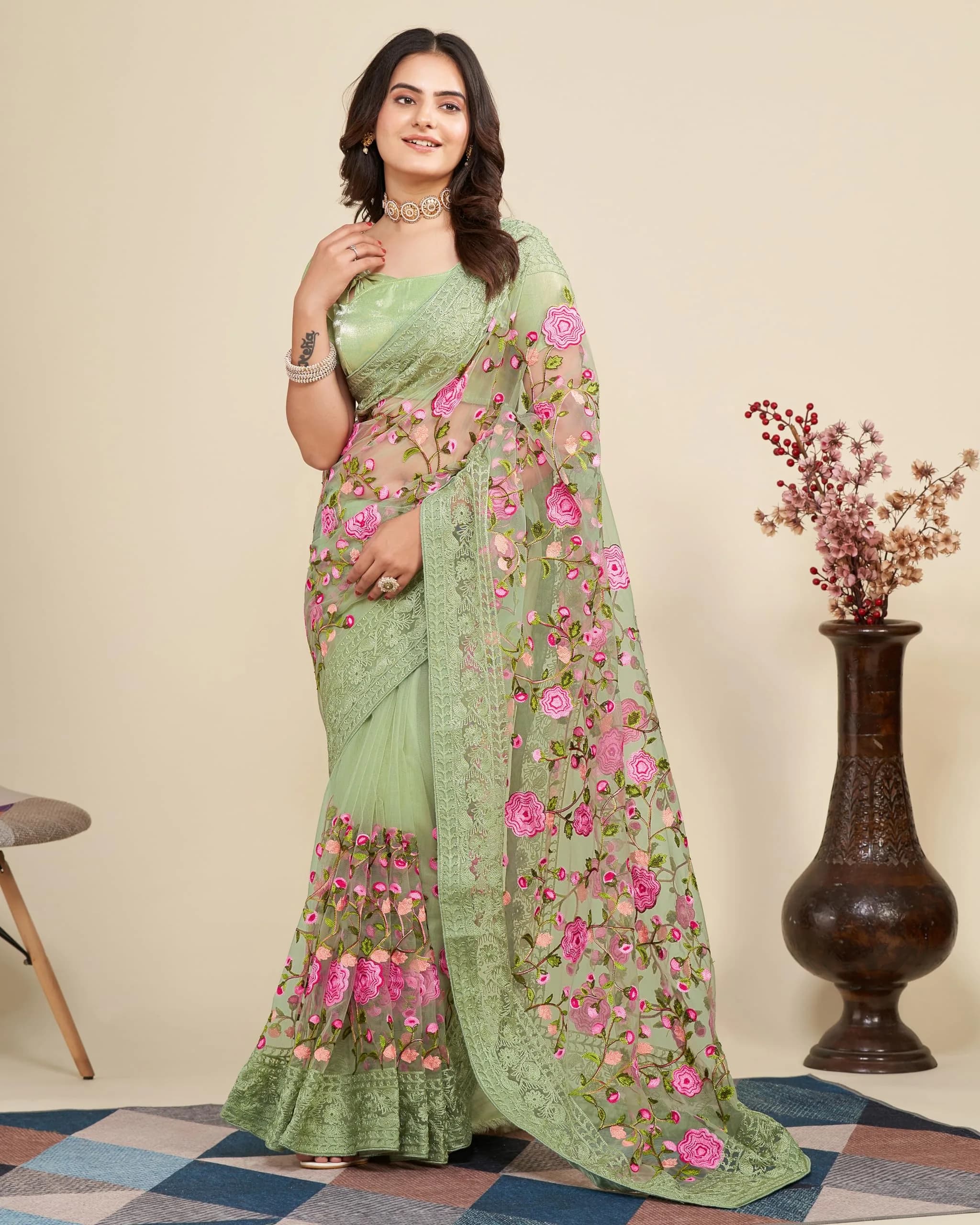 VAIRAGEE Women's Georgette Floral Saree with Unstitched Blouse - Olive Green, 5.5m | Elegant Party Wear - view 5