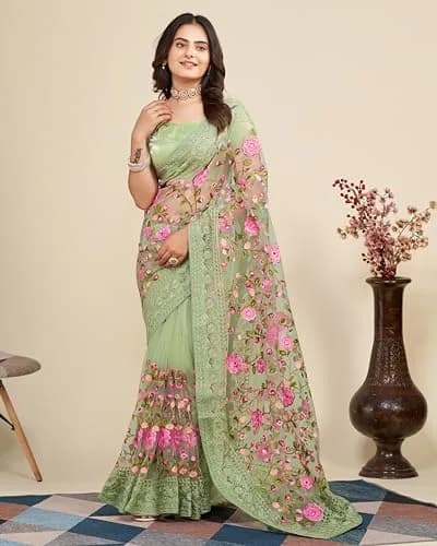 VAIRAGEE Women's Georgette Floral Saree with Unstitched Blouse - Olive Green, 5.5m | Elegant Party Wear thumbnail 5