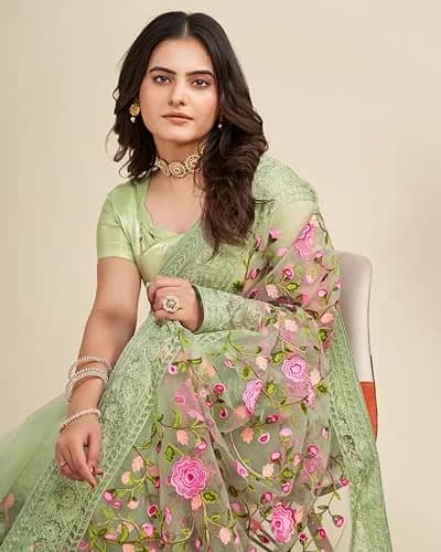VAIRAGEE Women's Georgette Floral Saree with Unstitched Blouse - Olive Green, 5.5m | Elegant Party Wear thumbnail 6