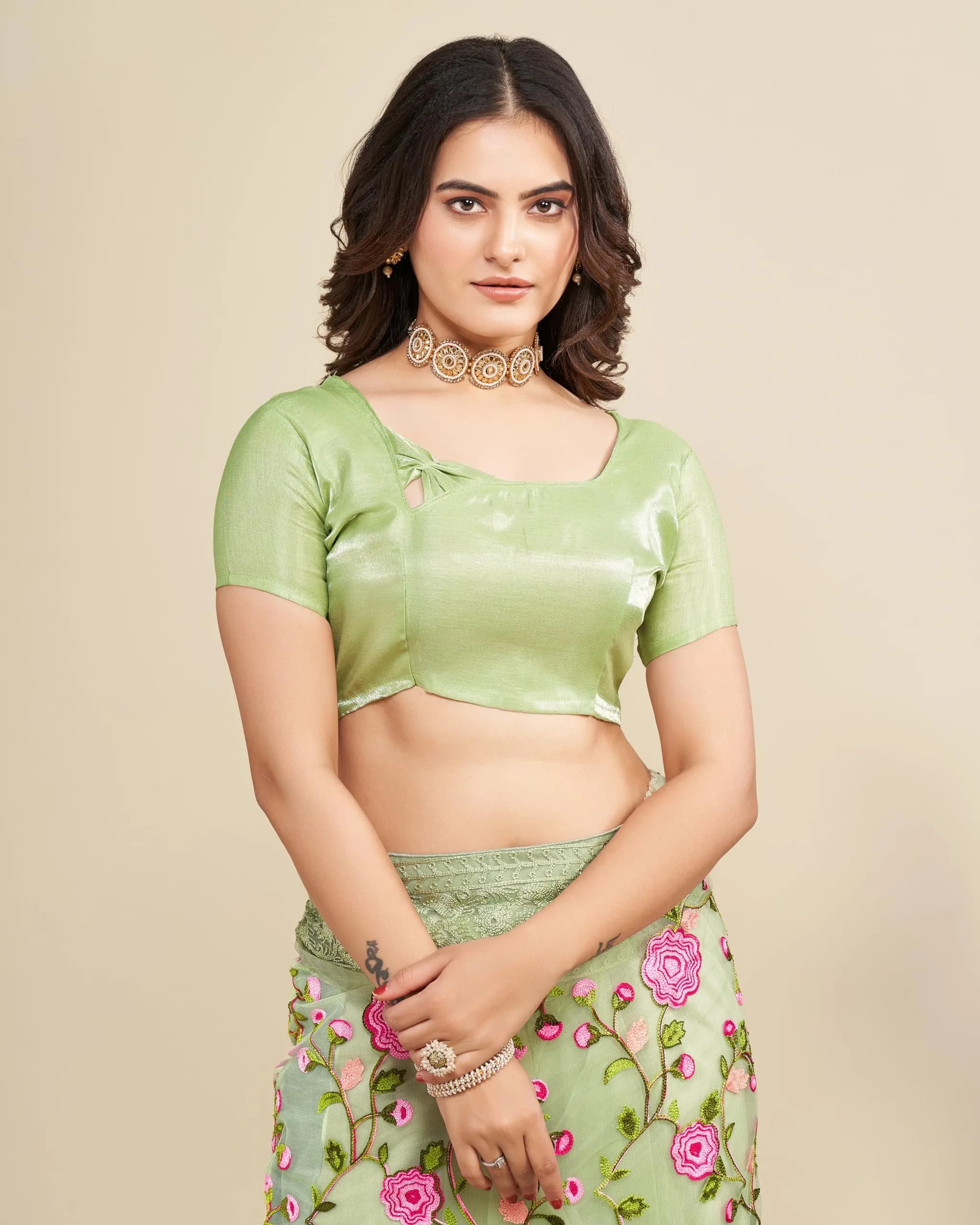 VAIRAGEE Women's Georgette Floral Saree with Unstitched Blouse - Olive Green, 5.5m | Elegant Party Wear - view 7