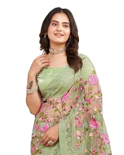 VAIRAGEE Women's Georgette Floral Saree with Unstitched Blouse - Olive Green, 5.5m | Elegant Party Wear thumbnail 1