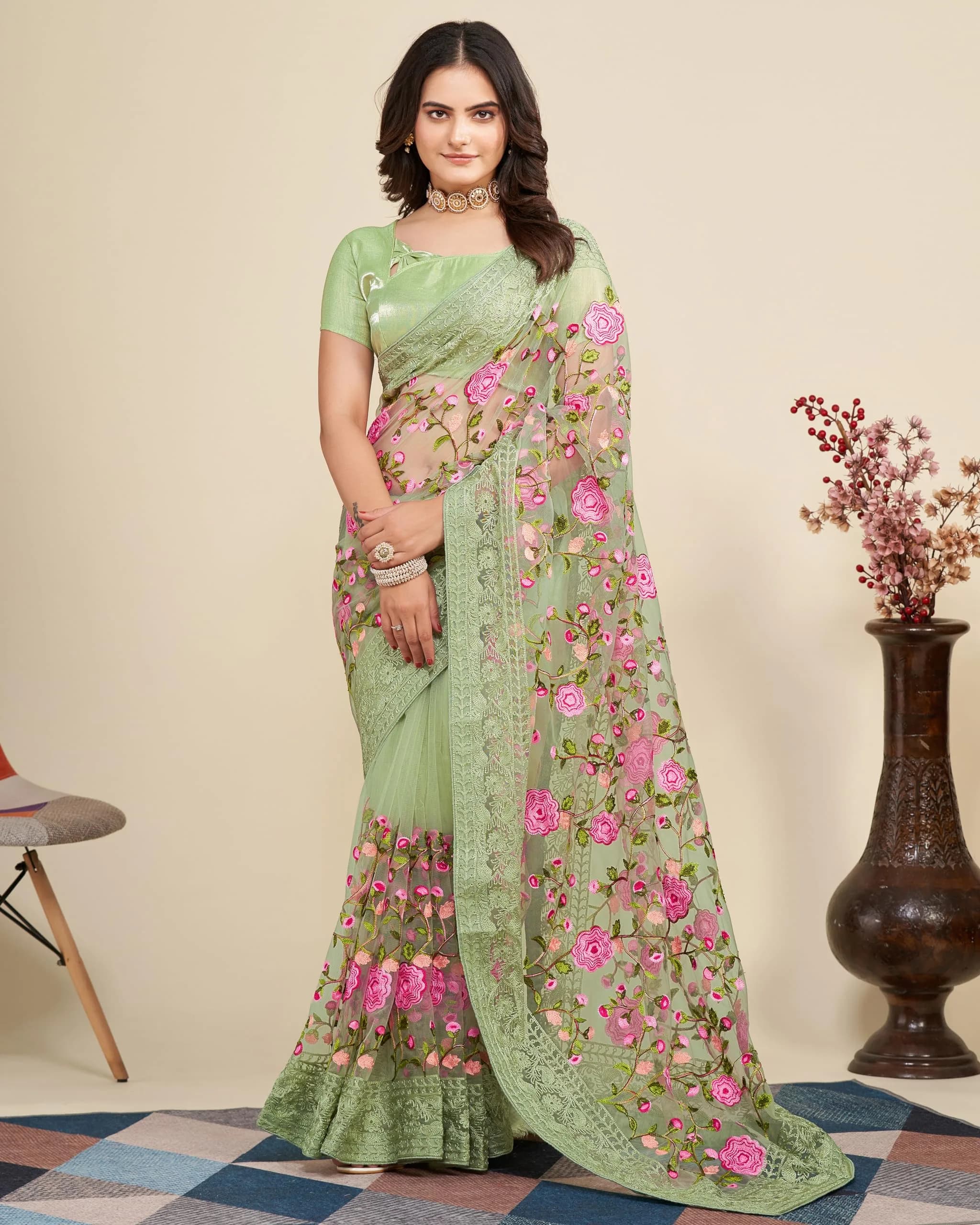 VAIRAGEE Women's Georgette Floral Saree with Unstitched Blouse - Olive Green, 5.5m | Elegant Party Wear - view 2