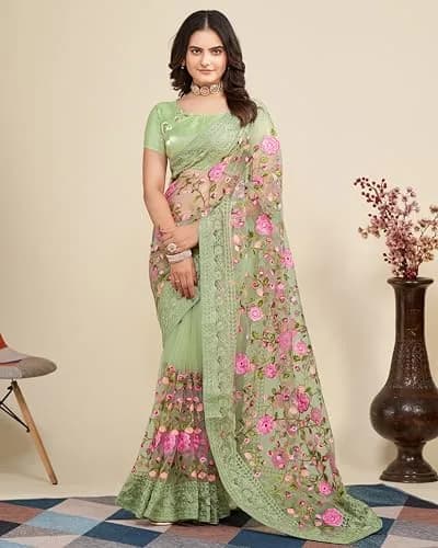 VAIRAGEE Women's Georgette Floral Saree with Unstitched Blouse - Olive Green, 5.5m | Elegant Party Wear thumbnail 2