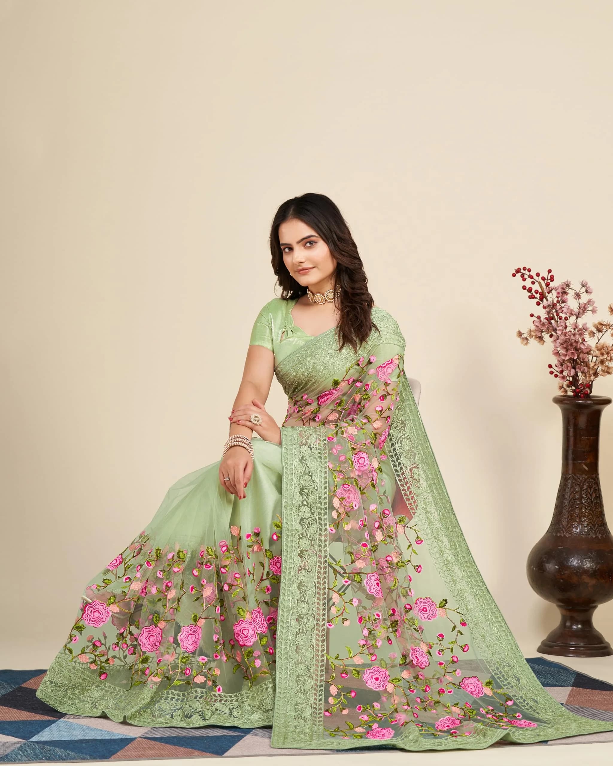VAIRAGEE Women's Georgette Floral Saree with Unstitched Blouse - Olive Green, 5.5m | Elegant Party Wear - view 3