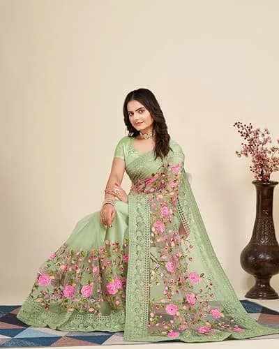 VAIRAGEE Women's Georgette Floral Saree with Unstitched Blouse - Olive Green, 5.5m | Elegant Party Wear thumbnail 3