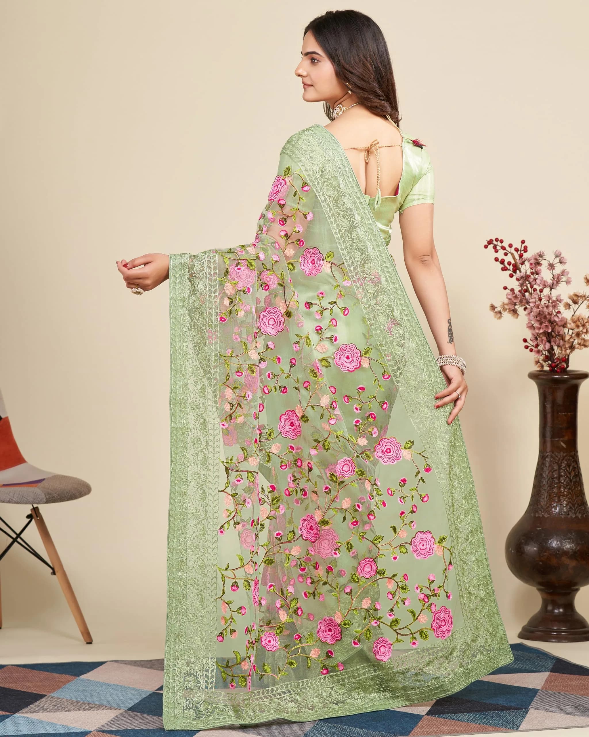 VAIRAGEE Women's Georgette Floral Saree with Unstitched Blouse - Olive Green, 5.5m | Elegant Party Wear - view 4
