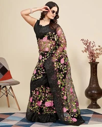 VAIRAGEE Black Georgette Embroidery Floral Saree with Unstitched Blouse | 5.5m Saree, 0.8m Blouse thumbnail 4
