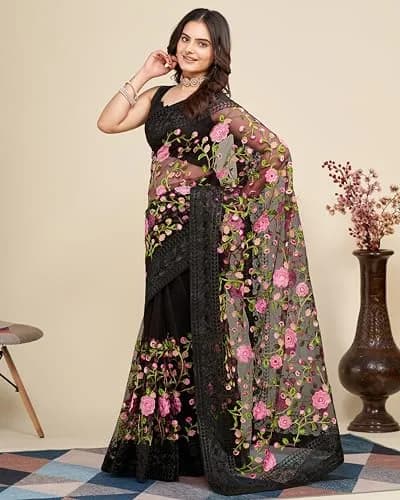 VAIRAGEE Black Georgette Embroidery Floral Saree with Unstitched Blouse | 5.5m Saree, 0.8m Blouse thumbnail 5