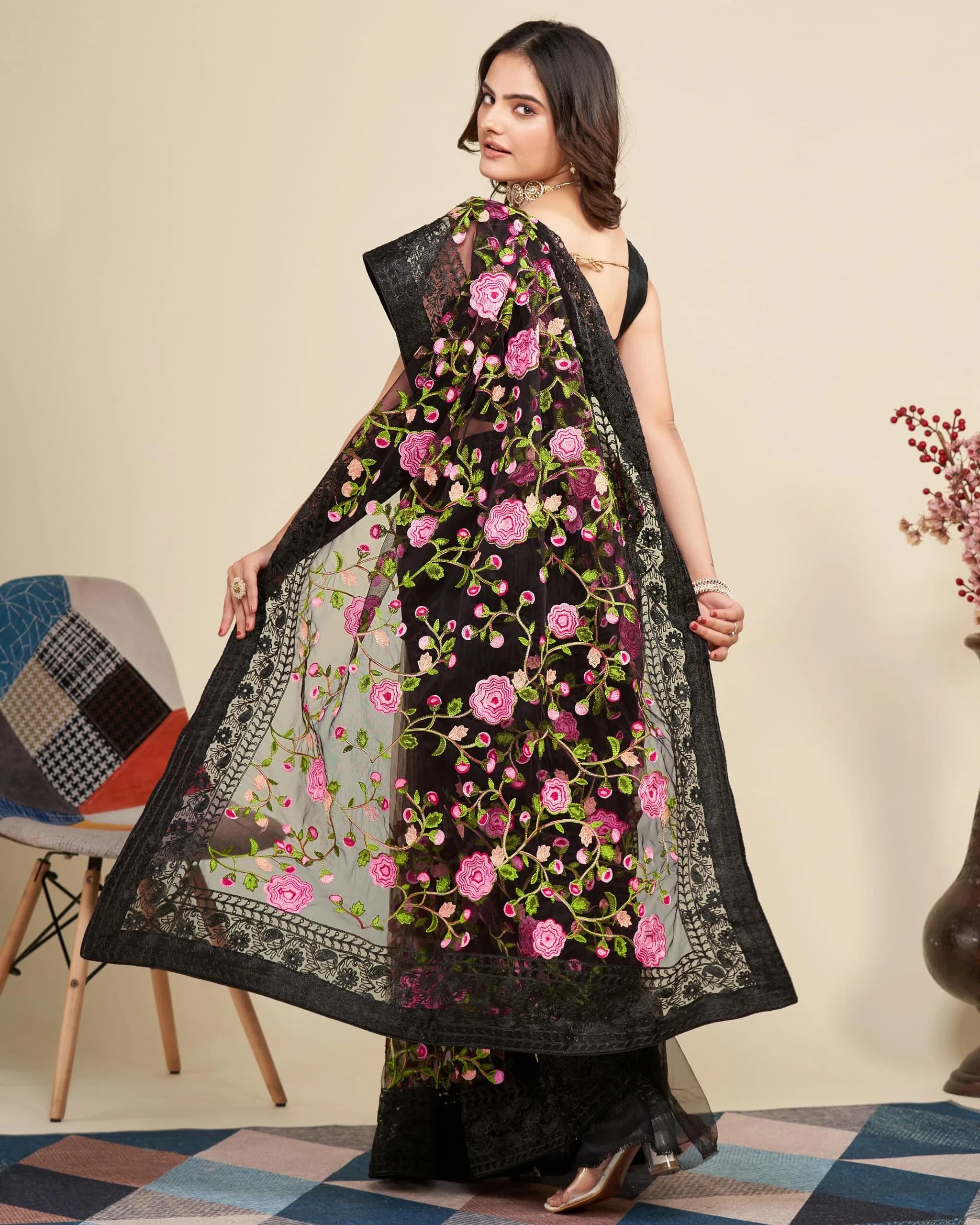 VAIRAGEE Black Georgette Embroidery Floral Saree with Unstitched Blouse | 5.5m Saree, 0.8m Blouse - view 6