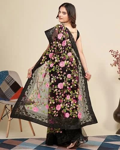 VAIRAGEE Black Georgette Embroidery Floral Saree with Unstitched Blouse | 5.5m Saree, 0.8m Blouse thumbnail 6