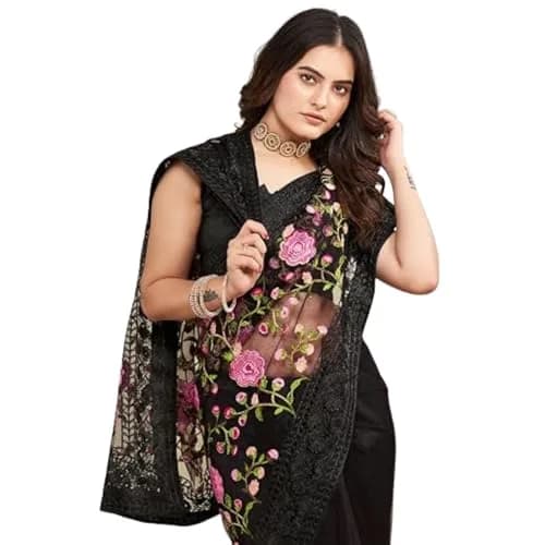 VAIRAGEE Black Georgette Embroidery Floral Saree with Unstitched Blouse | 5.5m Saree, 0.8m Blouse thumbnail 1