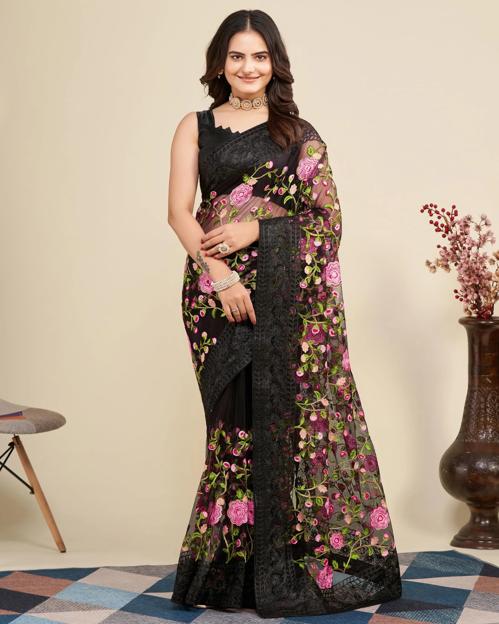 VAIRAGEE Black Georgette Embroidery Floral Saree with Unstitched Blouse | 5.5m Saree, 0.8m Blouse - view 2