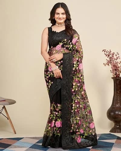 VAIRAGEE Black Georgette Embroidery Floral Saree with Unstitched Blouse | 5.5m Saree, 0.8m Blouse thumbnail 2