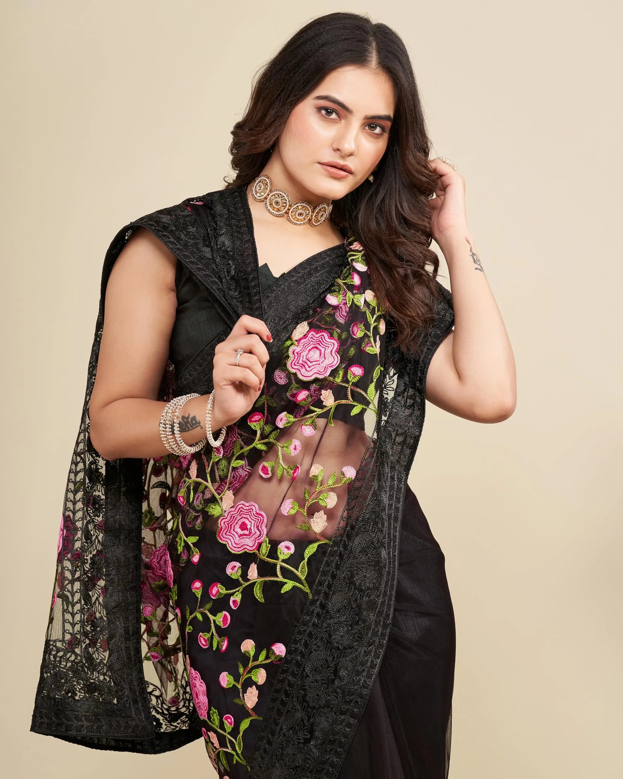 VAIRAGEE Black Georgette Embroidery Floral Saree with Unstitched Blouse | 5.5m Saree, 0.8m Blouse - view 3