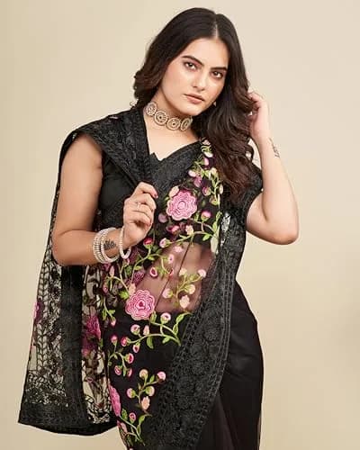 VAIRAGEE Black Georgette Embroidery Floral Saree with Unstitched Blouse | 5.5m Saree, 0.8m Blouse thumbnail 3